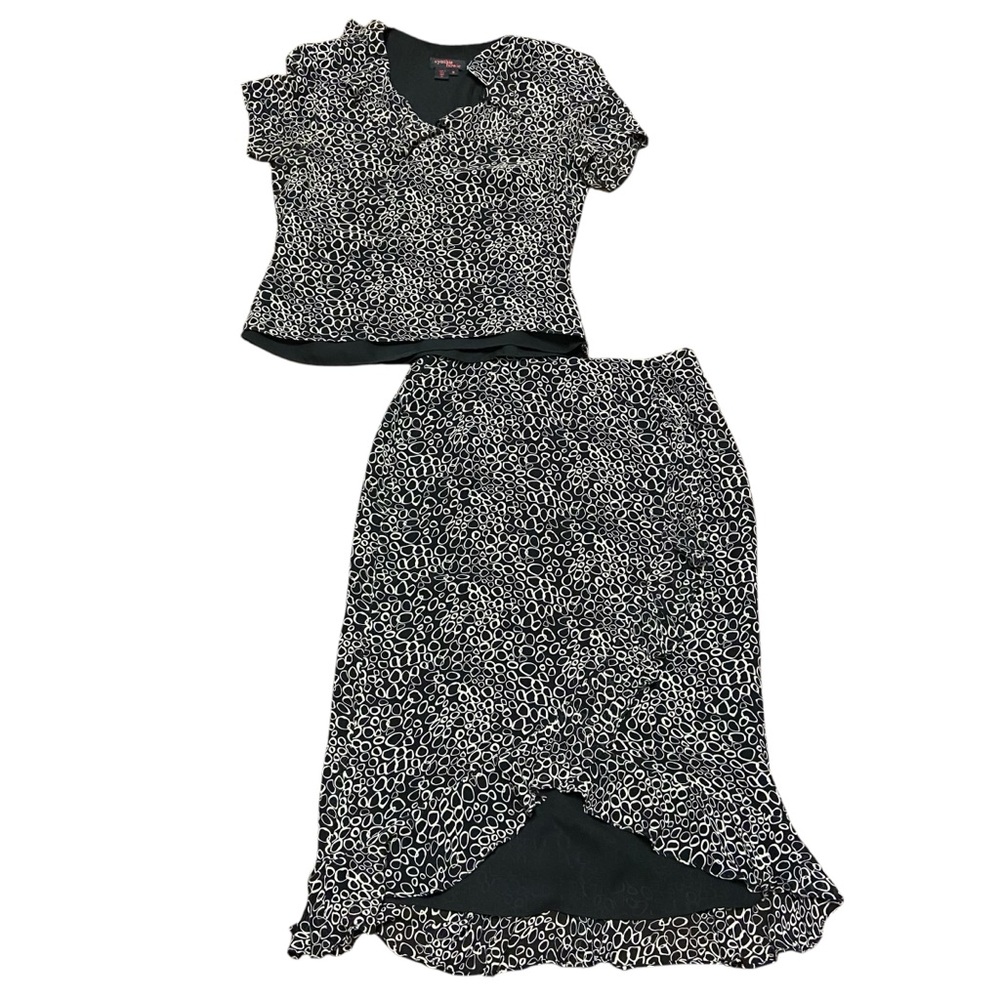 Cynthia Howie Black Tan Printed Two-Piece Skirt Set Size 8 Vintage 100% Silk